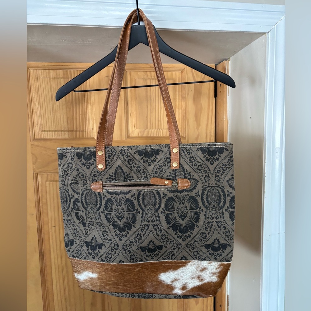 Myra Bag Grey & Blue Patterned Tote with Hair-On Trim - Picture 15 of 15